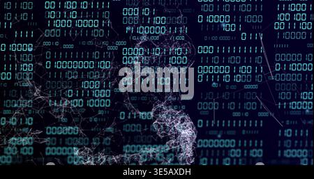 Displaying dense field of glowing binary digits overlaid by 3D wireframe network in cyberspace Stock Photo