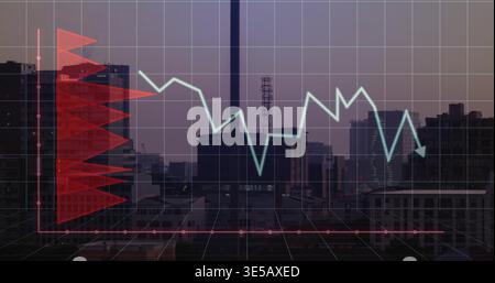 Displaying coordinate grid over downtown skyline at dusk, showing light blue line, red bars Stock Photo