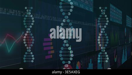 Displaying stylized DNA helices of circular nodes and bars on dark dashboard with neon line graphs Stock Photo
