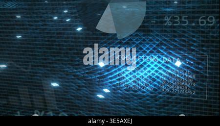 Projecting translucent HUD labeled COLLECTING DATA over glowing mesh plane with floating nodes Stock Photo