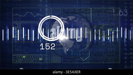 Displaying central radar HUD scanning virtual control-room dashboard, showing waveform bars and 152 Stock Photo