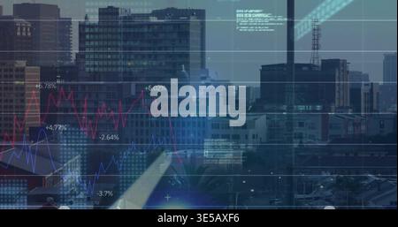Displaying urban skyline with data HUD from roof railing, showing red, blue graphs, % markers Stock Photo