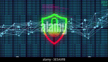 Pulsing shield with padlock and fingerprint hovering over code columns in cyberspace, glowing nodes Stock Photo