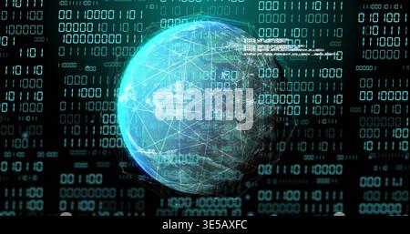 Rotating cyan globe showing outlined continents, mesh nodes and floating binary code in cyber grid Stock Photo