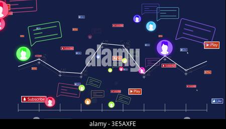 Charting white polyline graph with cross markers on navy dashboard, showing neon avatars, badges Stock Photo