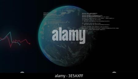 Displaying left-lit Earth-like planet in near-Earth orbit while showing HUD code and jagged graph Stock Photo