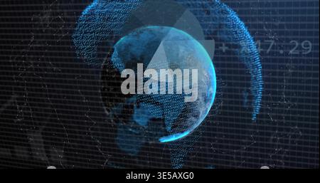 Rotating stylized digital Earth globe showing triangular overlay, particle arcs, grid, timestamp Stock Photo