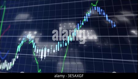 Displaying blue candlesticks rising and falling on navy 3D grid, with green trend line and panels Stock Photo