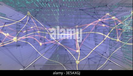 Displaying network structure weaving across virtual 3D space, with glowing nodes and light trails Stock Photo