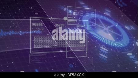 Floating translucent hologram keyboard and numeric panels above grid plane, showing radial dial Stock Photo