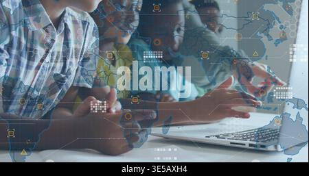Mid-adult woman in plaid shirt guiding five kids using laptop at school, with map overlays Stock Photo