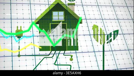 Displaying stylized green house icon connecting to colored line charts on white grid, energy theme Stock Photo