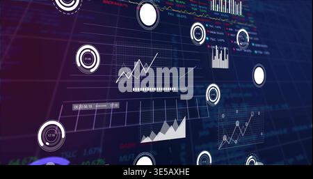 Displaying centered cluster of data panels on screen, with line, area, bar charts, gauges, readouts Stock Photo