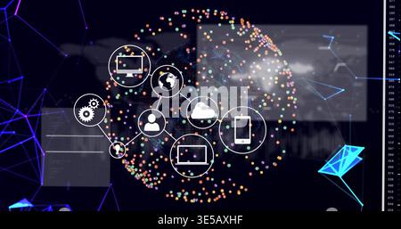 Displaying central data cluster pulsing on dark dashboard, with white cloud phone monitor icons Stock Photo