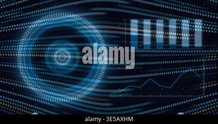 Displaying holographic HUD rotating in virtual dashboard, with dotted wave streams, bar chart Stock Photo