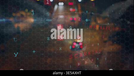 Driving small sedan moving along urban night street with hex HUD showing SCANNING MALWARE DETECTED Stock Photo