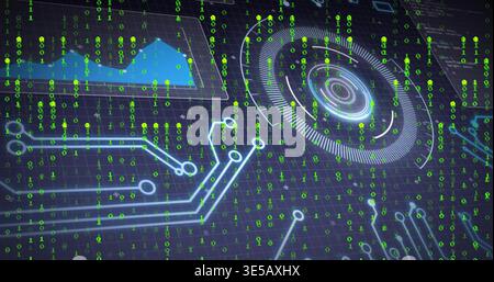 Pulsing radar HUD sitting right side, streaming green binary over cyan circuit lines, copy space Stock Photo