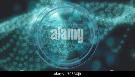 Showing teal globe with lat-long grid rotating in digital HUD, with concentric rings and particles Stock Photo