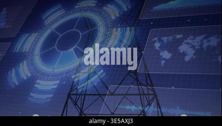 Featuring lattice tower rising on blueprint grid with radial HUD, data panels, world map, waveform Stock Photo