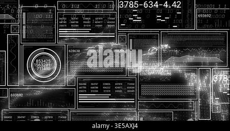 Displaying digital dashboard in console showing overlapping UI panels with circular gauge, numbers Stock Photo