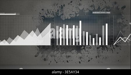 Displaying three translucent chart panels showing data on concrete wall, with tall bar and HUD Stock Photo