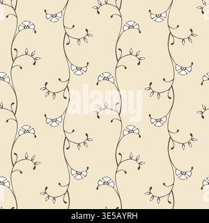 pattern with delicate hand-drawn floral vines and minimalist stylized buds in an elegant vintage style on a cream background, perfectly suited for sophisticated textile prints, high-end wallpaper, boutique stationery, and organic product packaging. Vector illustration Stock Vector