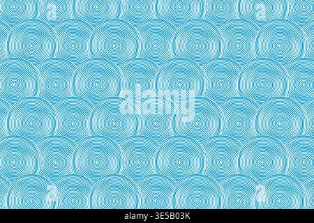 Repeated overlapped blue curl shapes. Sea or ocean waves pattern. Scalloped water or cloud print in oriental style. Minimalistic Asian ornament. Modern wallpaper design. Vector graphic illustration. Stock Vector