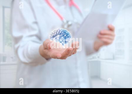 Doctor presenting digital brain hologram, symbolizing neurology, artificial intelligence, cognitive science, and advanced medical technology Stock Photo