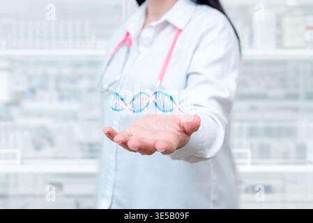 Doctor presenting DNA helix hologram, illustrating genetics, biotechnology, research, and modern medical innovation Stock Photo