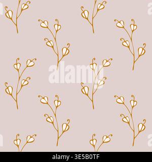 minimalist pattern with hand-drawn golden branches and delicate heart-shaped white buds on a dusty rose background, perfect for feminine branding, romantic gift wrap, and boutique textiles. Vector illustration Stock Vector
