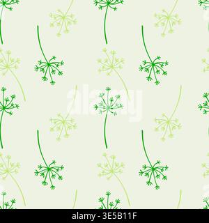Seamless vector pattern with hand-drawn green dill and fennel umbrellas in minimalist botanical style, ideally suited for kitchen textiles, organic food packaging, and branding materials for healthy lifestyle or gardening projects. Vector illustration Stock Vector