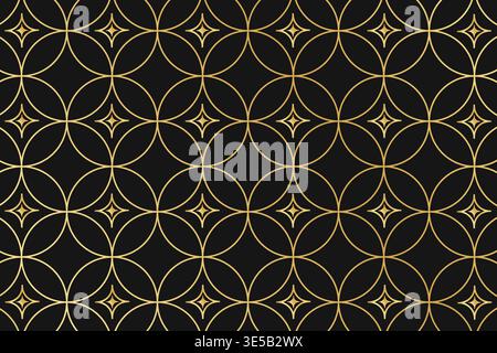 Art deco pattern with repeated gold circle and twinkle shapes on black background. Shiny luxury geometric print. Elegant minimalistic wallpaper. Golden abstract ornament. Vector illustration. Stock Vector