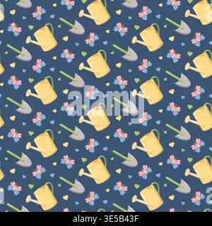 Seamless gardening pattern with watering cans, trowels, butterflies, and colorful hearts on dark blue background, playful spring design for eco themes Stock Photo
