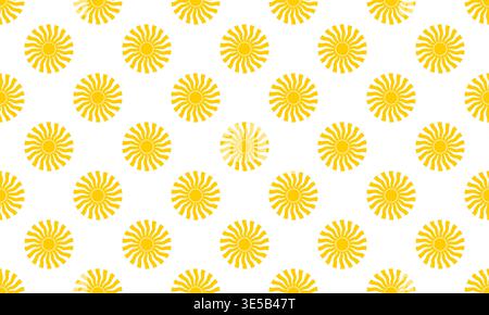 Seamless pattern with yellow sun shapes with wavy rays. Sunburst, sunlight or sunshine background. Summer theme wallpaper for baby room interior. Positive vibes print. Vector flat illustration. Stock Vector