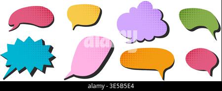 Set of colorful speech clouds with dotted halftone texture. Dialogue balloons, text boxes, quotation balloons, offer tags, thought labels, message stickers in pop art style. Vector illustration. Stock Vector