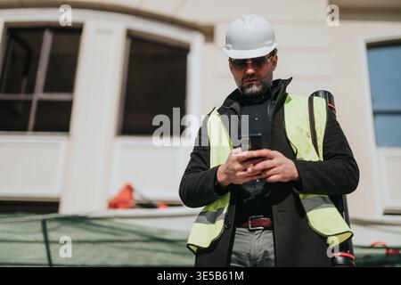 Construction manager in hard hat and high-visibility vest using smartphone on building site Stock Photo