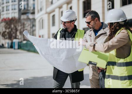 Engineers and architects reviewing blueprints on an urban construction site Stock Photo