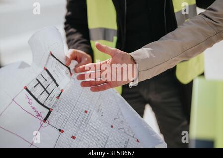 Construction professionals examining blueprint plans on site during a project discussion Stock Photo