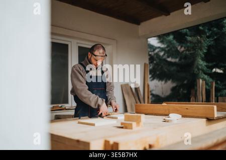 Carpenter working on wooden pieces in a covered workshop preparing boards for assembly Stock Photo