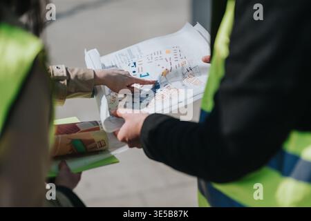 Construction engineers examining blueprints and site plans during on-site planning and project coordination Stock Photo