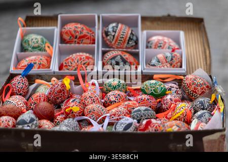 Pysanky Easter eggs featuring vibrant folk patterns display Ukrainian tradition and culture for sale Stock Photo