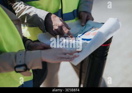 Construction engineers reviewing blueprint plans on site while collaborating and pointing at project layout Stock Photo