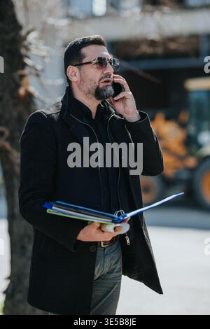 Construction engineer talking on phone outdoors holding plans and folders at site Stock Photo