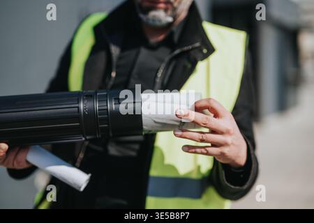 Construction engineer holding rolled blueprints and plans in a high-visibility safety vest on site Stock Photo