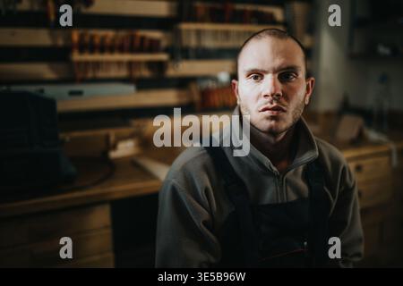 Portrait of a young carpenter in a wood workshop wearing overalls and a fleece jacket Stock Photo