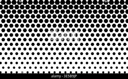 Repeated hexagons with gradient fading effect. Black vanishing honeycomb shapes on white background. Simple geometric print with hexagonal dots. Perforated structure. Vector graphic illustration. Stock Vector