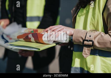 Construction engineers reviewing rolled blueprints and project documents during a site meeting in safety vests Stock Photo