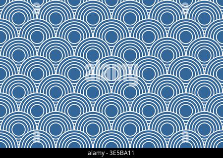 Repeated overlapped blue round shapes. Sea or ocean scalloped waves pattern. Water or cloud print in oriental style. Abstract minimalist Asian ornament. Summer theme wallpaper. Vector illustration. Stock Vector