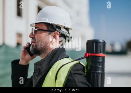 Construction manager in hard hat and high-visibility vest talks on phone with blueprint tube over shoulder Stock Photo