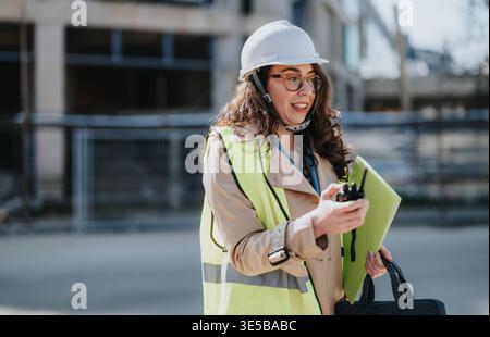 Female construction engineer in hard hat and safety vest using walkie talkie at building site Stock Photo